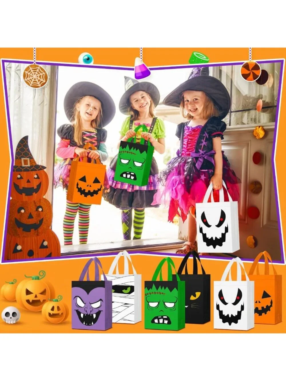 120 Pcs Halloween Treat Bags - Reusable Tote for Kids Party, Ghosts & Pumpkins